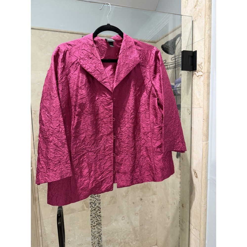 Eileen Fisher Silk Blouse Magenta Pink Crinkle Collar Shirt Jacket L